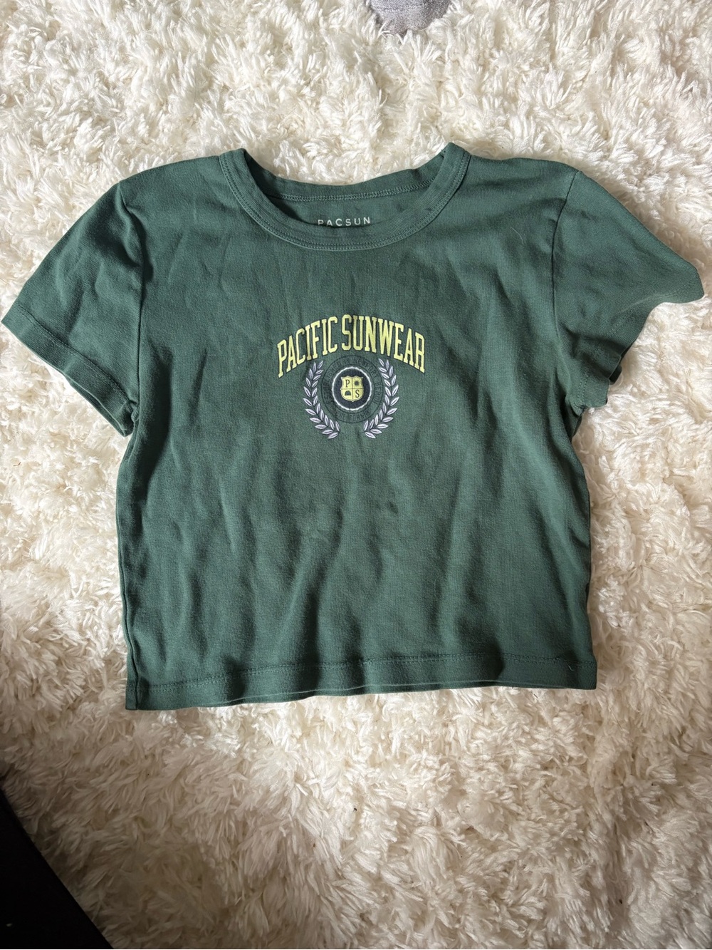 PacSun Green Cropped 'Pacific Sunwear' Logo Tee with Yellow Accent